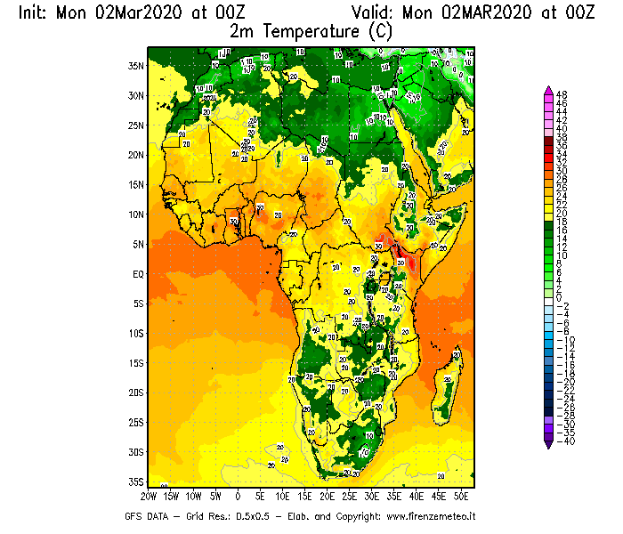 Mappa di analisi GFS - Temperatura a 2 metri dal suolo [°C] in Africa
							del 02/03/2020 00 <!--googleoff: index-->UTC<!--googleon: index-->