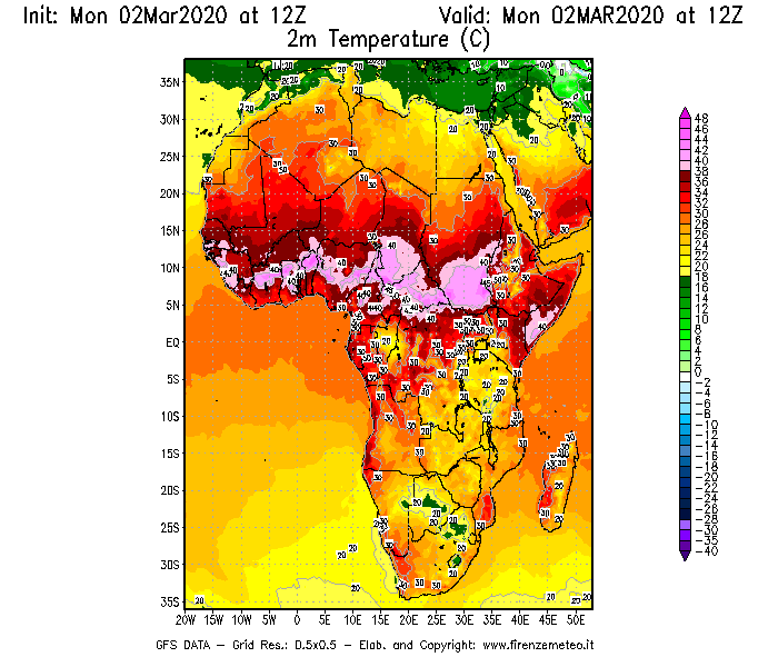 Mappa di analisi GFS - Temperatura a 2 metri dal suolo [°C] in Africa
							del 02/03/2020 12 <!--googleoff: index-->UTC<!--googleon: index-->