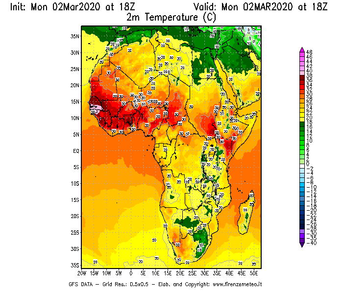 Mappa di analisi GFS - Temperatura a 2 metri dal suolo [°C] in Africa
							del 02/03/2020 18 <!--googleoff: index-->UTC<!--googleon: index-->