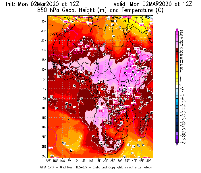 Mappa di analisi GFS - Geopotenziale [m] e Temperatura [°C] a 850 hPa in Africa
							del 02/03/2020 12 <!--googleoff: index-->UTC<!--googleon: index-->