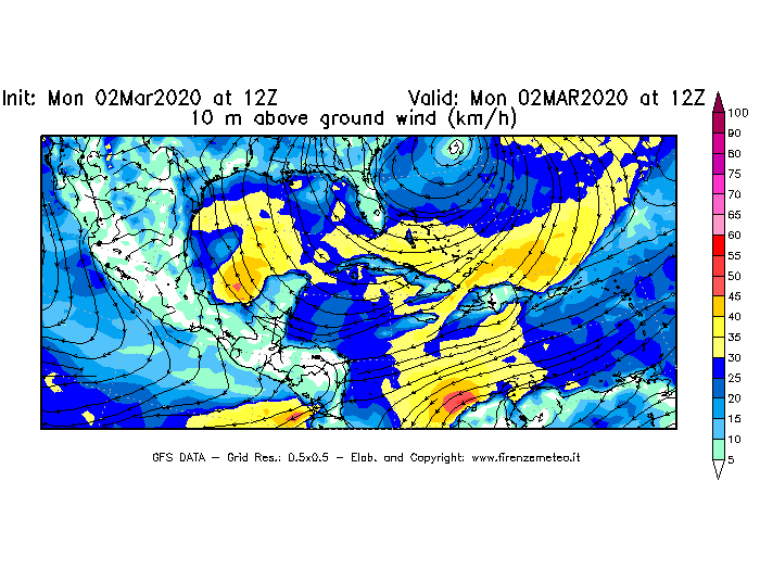 Mappa di analisi GFS - Velocità del vento a 10 metri dal suolo [km/h] in Centro-America
							del 02/03/2020 12 <!--googleoff: index-->UTC<!--googleon: index-->