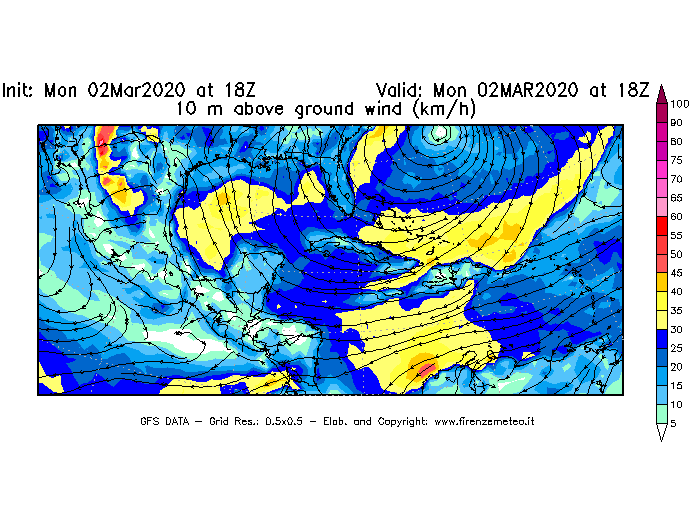 Mappa di analisi GFS - Velocità del vento a 10 metri dal suolo [km/h] in Centro-America
							del 02/03/2020 18 <!--googleoff: index-->UTC<!--googleon: index-->