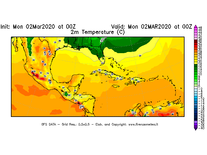 Mappa di analisi GFS - Temperatura a 2 metri dal suolo [°C] in Centro-America
							del 02/03/2020 00 <!--googleoff: index-->UTC<!--googleon: index-->