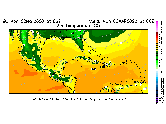 Mappa di analisi GFS - Temperatura a 2 metri dal suolo [°C] in Centro-America
							del 02/03/2020 06 <!--googleoff: index-->UTC<!--googleon: index-->