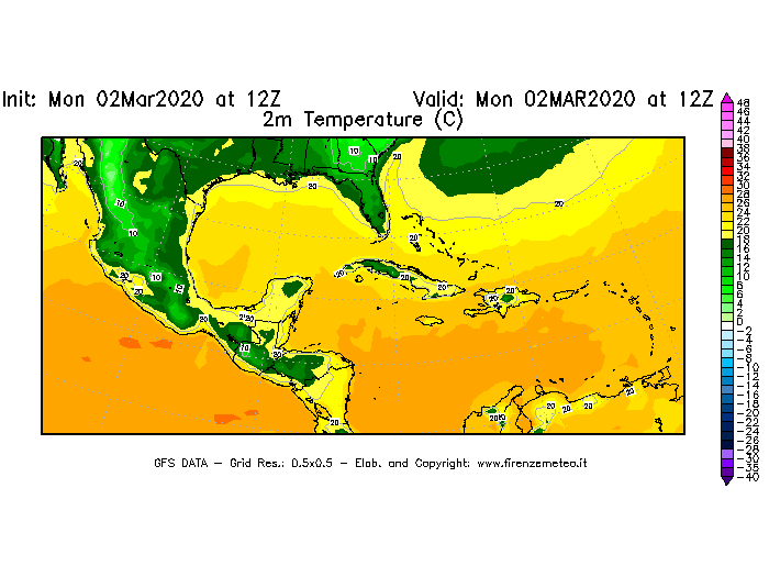 Mappa di analisi GFS - Temperatura a 2 metri dal suolo [°C] in Centro-America
							del 02/03/2020 12 <!--googleoff: index-->UTC<!--googleon: index-->