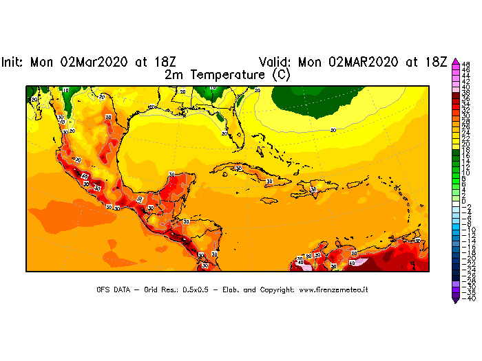 Mappa di analisi GFS - Temperatura a 2 metri dal suolo [°C] in Centro-America
							del 02/03/2020 18 <!--googleoff: index-->UTC<!--googleon: index-->
