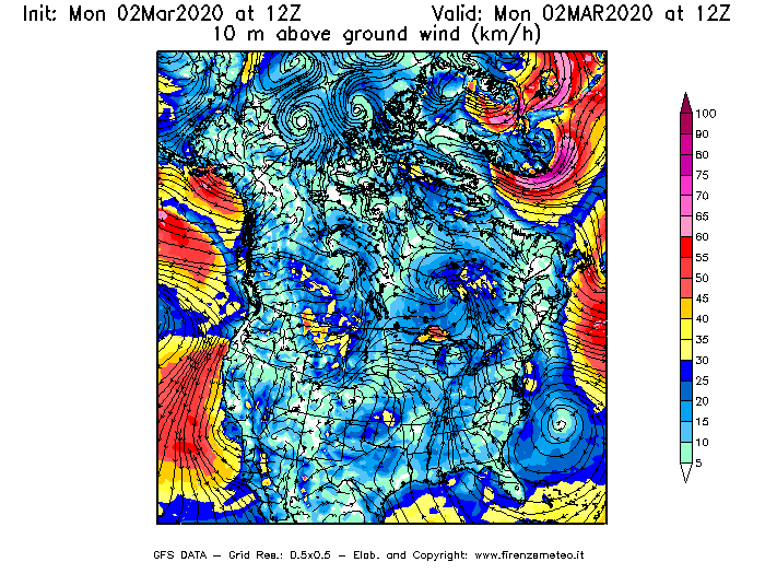 Mappa di analisi GFS - Velocità del vento a 10 metri dal suolo [km/h] in Nord-America
							del 02/03/2020 12 <!--googleoff: index-->UTC<!--googleon: index-->