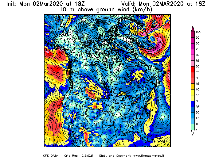 Mappa di analisi GFS - Velocità del vento a 10 metri dal suolo [km/h] in Nord-America
							del 02/03/2020 18 <!--googleoff: index-->UTC<!--googleon: index-->