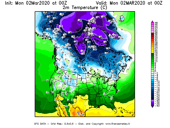 Mappa di analisi GFS - Temperatura a 2 metri dal suolo [°C] in Nord-America
							del 02/03/2020 00 <!--googleoff: index-->UTC<!--googleon: index-->
