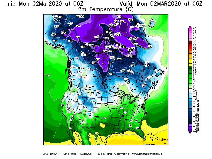 Mappa di analisi GFS - Temperatura a 2 metri dal suolo [°C] in Nord-America
							del 02/03/2020 06 <!--googleoff: index-->UTC<!--googleon: index-->