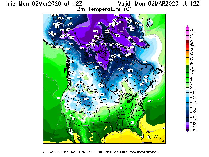 Mappa di analisi GFS - Temperatura a 2 metri dal suolo [°C] in Nord-America
							del 02/03/2020 12 <!--googleoff: index-->UTC<!--googleon: index-->