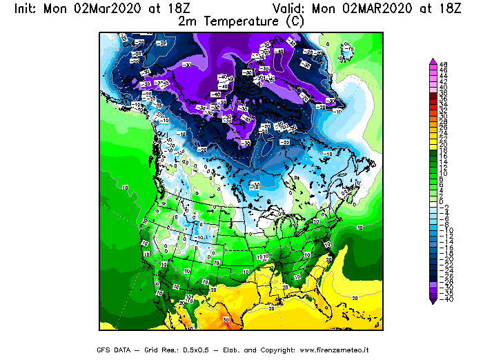 Mappa di analisi GFS - Temperatura a 2 metri dal suolo [°C] in Nord-America
							del 02/03/2020 18 <!--googleoff: index-->UTC<!--googleon: index-->