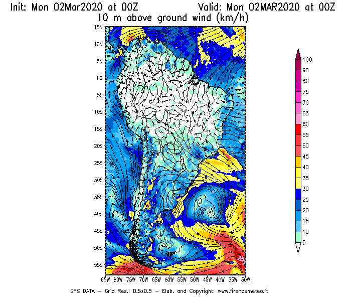 Mappa di analisi GFS - Velocità del vento a 10 metri dal suolo [km/h] in Sud-America
							del 02/03/2020 00 <!--googleoff: index-->UTC<!--googleon: index-->