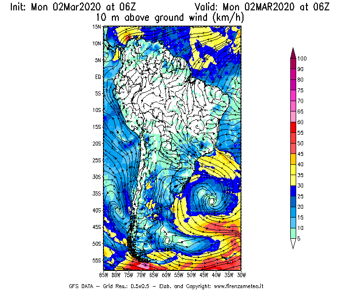 Mappa di analisi GFS - Velocità del vento a 10 metri dal suolo [km/h] in Sud-America
							del 02/03/2020 06 <!--googleoff: index-->UTC<!--googleon: index-->