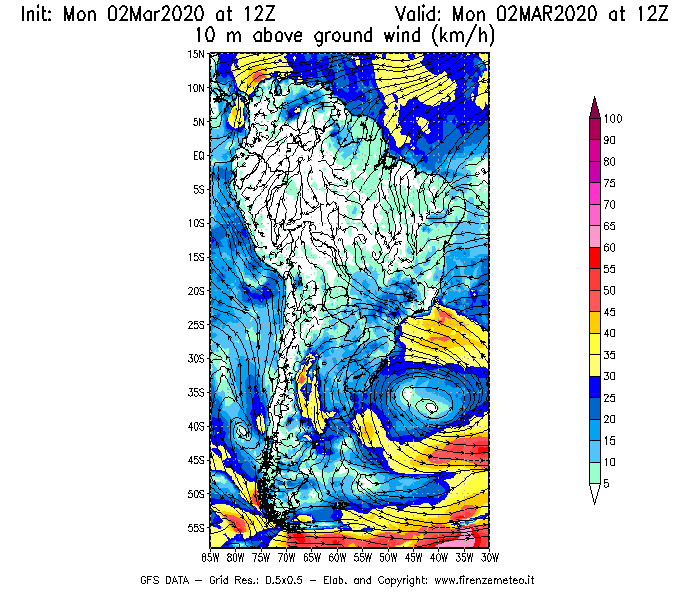 Mappa di analisi GFS - Velocità del vento a 10 metri dal suolo [km/h] in Sud-America
							del 02/03/2020 12 <!--googleoff: index-->UTC<!--googleon: index-->