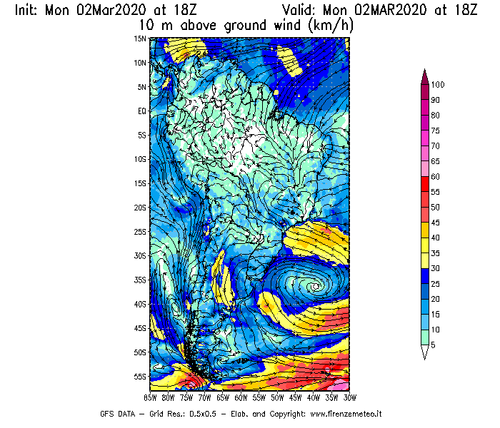 Mappa di analisi GFS - Velocità del vento a 10 metri dal suolo [km/h] in Sud-America
							del 02/03/2020 18 <!--googleoff: index-->UTC<!--googleon: index-->