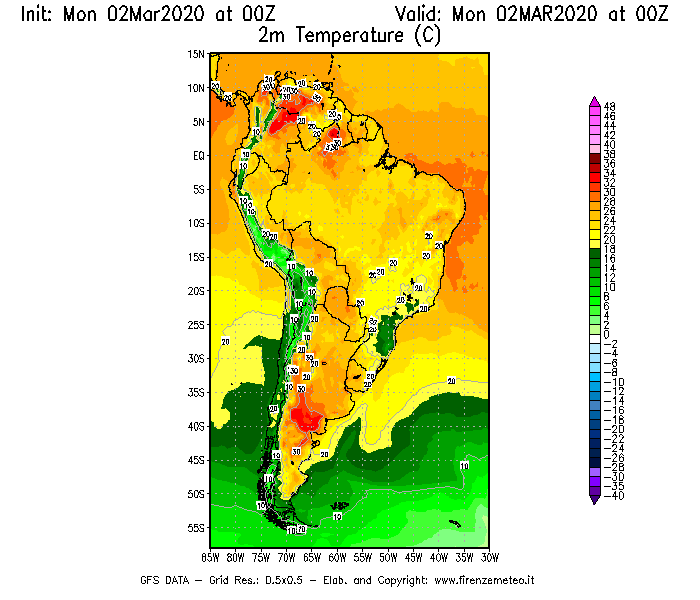 Mappa di analisi GFS - Temperatura a 2 metri dal suolo [°C] in Sud-America
							del 02/03/2020 00 <!--googleoff: index-->UTC<!--googleon: index-->