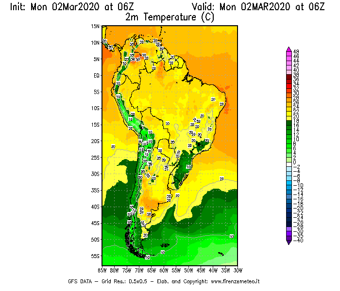 Mappa di analisi GFS - Temperatura a 2 metri dal suolo [°C] in Sud-America
							del 02/03/2020 06 <!--googleoff: index-->UTC<!--googleon: index-->
