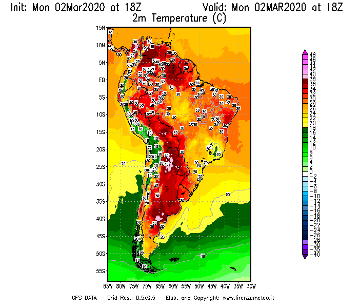 Mappa di analisi GFS - Temperatura a 2 metri dal suolo [°C] in Sud-America
							del 02/03/2020 18 <!--googleoff: index-->UTC<!--googleon: index-->