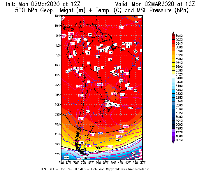 Mappa di analisi GFS - Geopotenziale [m] + Temp. [°C] a 500 hPa + Press. a livello del mare [hPa] in Sud-America
							del 02/03/2020 12 <!--googleoff: index-->UTC<!--googleon: index-->