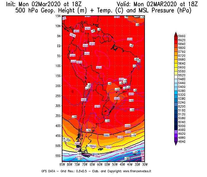 Mappa di analisi GFS - Geopotenziale [m] + Temp. [°C] a 500 hPa + Press. a livello del mare [hPa] in Sud-America
							del 02/03/2020 18 <!--googleoff: index-->UTC<!--googleon: index-->