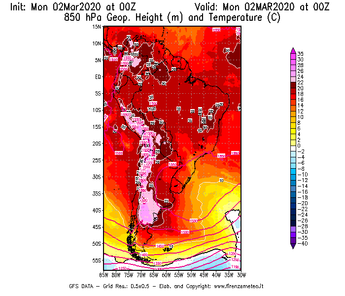 Mappa di analisi GFS - Geopotenziale [m] e Temperatura [°C] a 850 hPa in Sud-America
							del 02/03/2020 00 <!--googleoff: index-->UTC<!--googleon: index-->