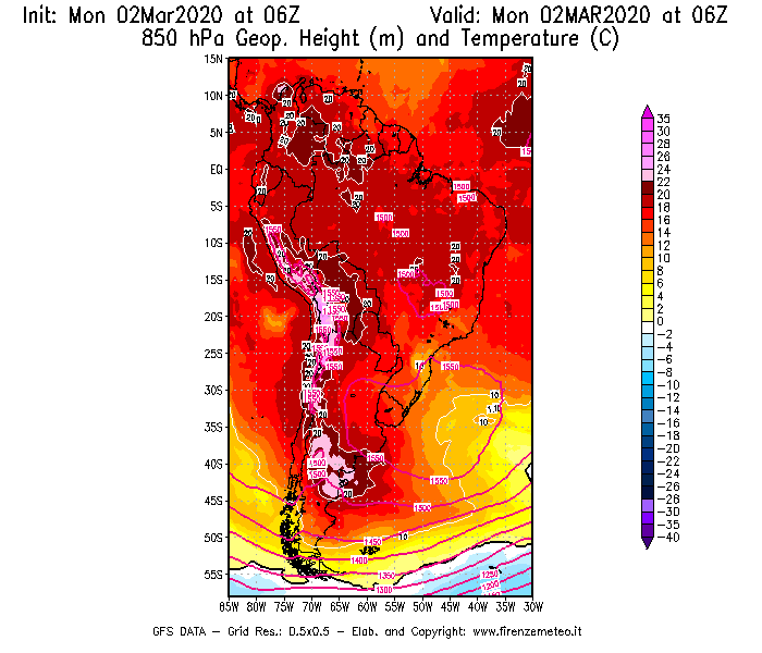 Mappa di analisi GFS - Geopotenziale [m] e Temperatura [°C] a 850 hPa in Sud-America
							del 02/03/2020 06 <!--googleoff: index-->UTC<!--googleon: index-->