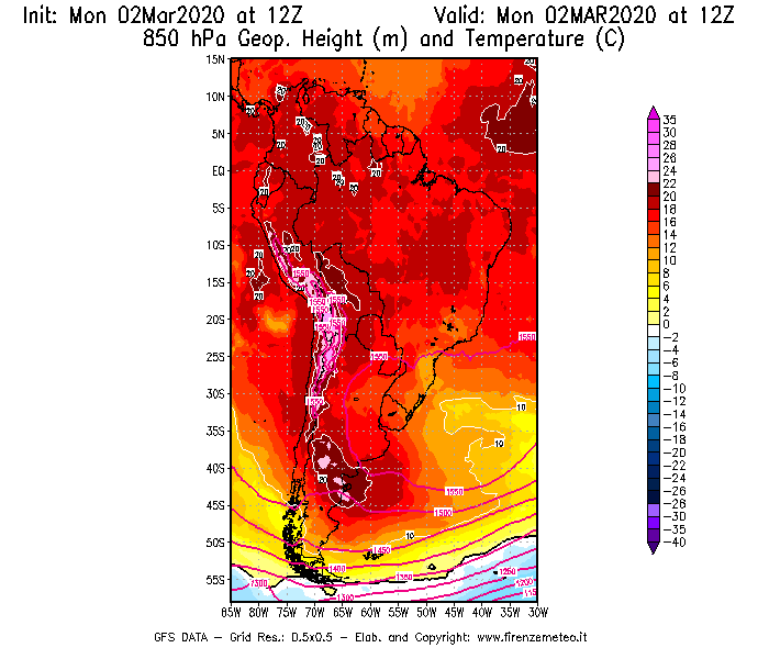 Mappa di analisi GFS - Geopotenziale [m] e Temperatura [°C] a 850 hPa in Sud-America
							del 02/03/2020 12 <!--googleoff: index-->UTC<!--googleon: index-->