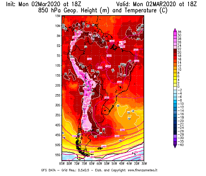 Mappa di analisi GFS - Geopotenziale [m] e Temperatura [°C] a 850 hPa in Sud-America
							del 02/03/2020 18 <!--googleoff: index-->UTC<!--googleon: index-->