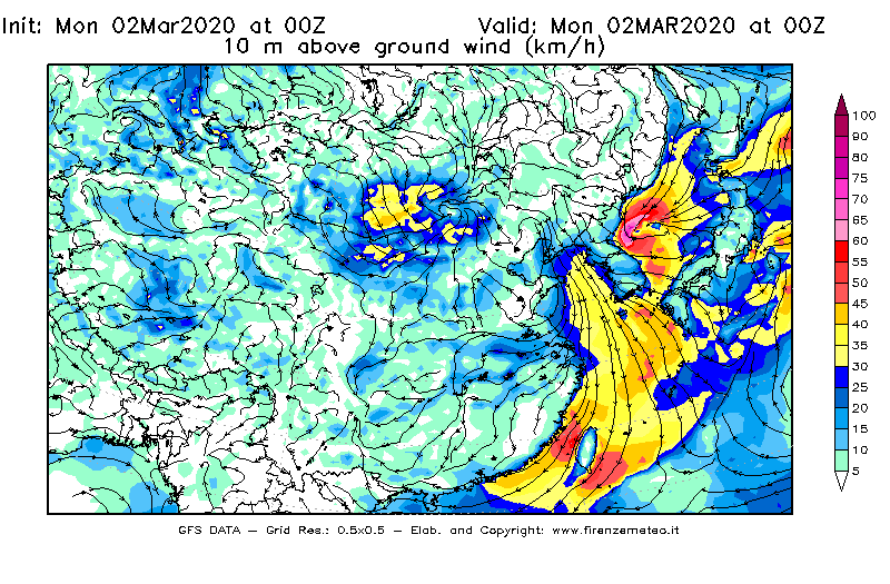 Mappa di analisi GFS - Velocità del vento a 10 metri dal suolo [km/h] in Asia Orientale
							del 02/03/2020 00 <!--googleoff: index-->UTC<!--googleon: index-->