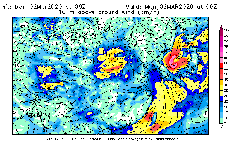 Mappa di analisi GFS - Velocità del vento a 10 metri dal suolo [km/h] in Asia Orientale
							del 02/03/2020 06 <!--googleoff: index-->UTC<!--googleon: index-->