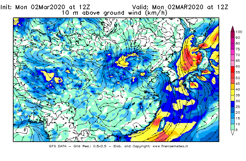 Mappa di analisi GFS - Velocità del vento a 10 metri dal suolo [km/h] in Asia Orientale
							del 02/03/2020 12 <!--googleoff: index-->UTC<!--googleon: index-->