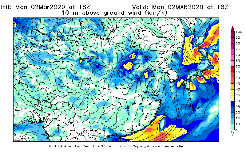 Mappa di analisi GFS - Velocità del vento a 10 metri dal suolo [km/h] in Asia Orientale
							del 02/03/2020 18 <!--googleoff: index-->UTC<!--googleon: index-->