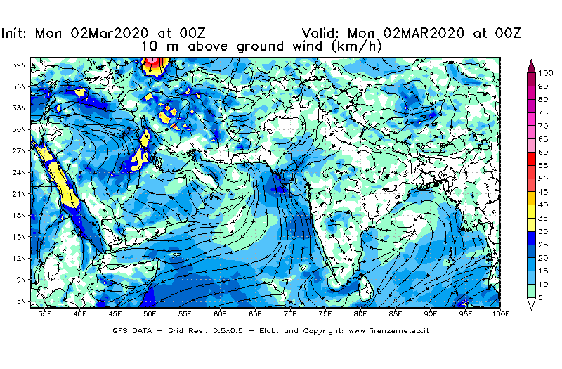 Mappa di analisi GFS - Velocità del vento a 10 metri dal suolo [km/h] in Asia Sud-Occidentale
							del 02/03/2020 00 <!--googleoff: index-->UTC<!--googleon: index-->