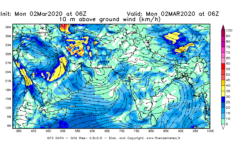Mappa di analisi GFS - Velocità del vento a 10 metri dal suolo [km/h] in Asia Sud-Occidentale
							del 02/03/2020 06 <!--googleoff: index-->UTC<!--googleon: index-->