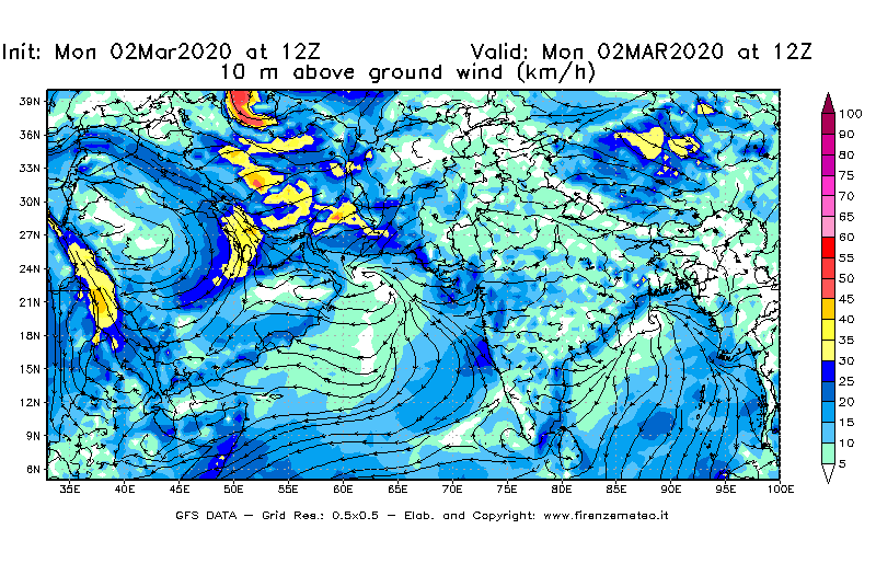 Mappa di analisi GFS - Velocità del vento a 10 metri dal suolo [km/h] in Asia Sud-Occidentale
							del 02/03/2020 12 <!--googleoff: index-->UTC<!--googleon: index-->