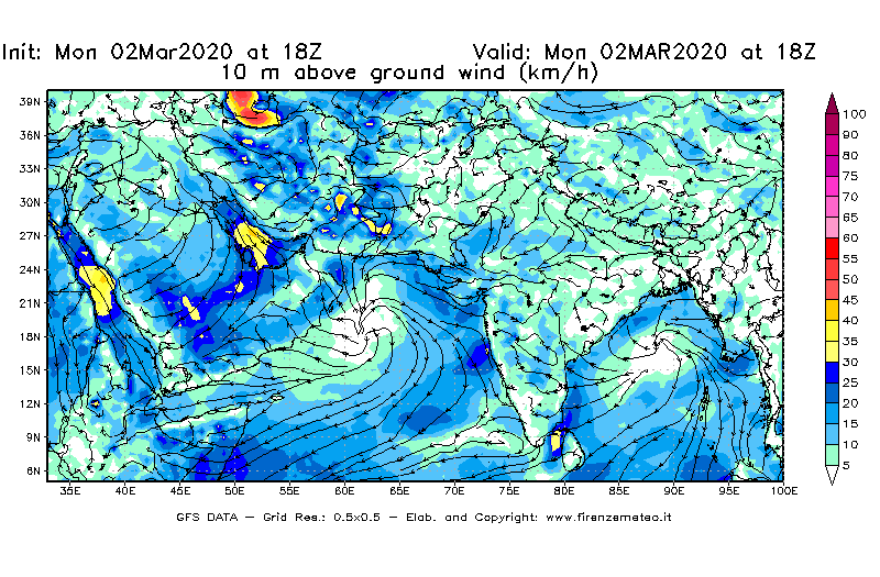 Mappa di analisi GFS - Velocità del vento a 10 metri dal suolo [km/h] in Asia Sud-Occidentale
							del 02/03/2020 18 <!--googleoff: index-->UTC<!--googleon: index-->