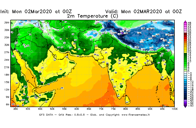 Mappa di analisi GFS - Temperatura a 2 metri dal suolo [°C] in Asia Sud-Occidentale
							del 02/03/2020 00 <!--googleoff: index-->UTC<!--googleon: index-->