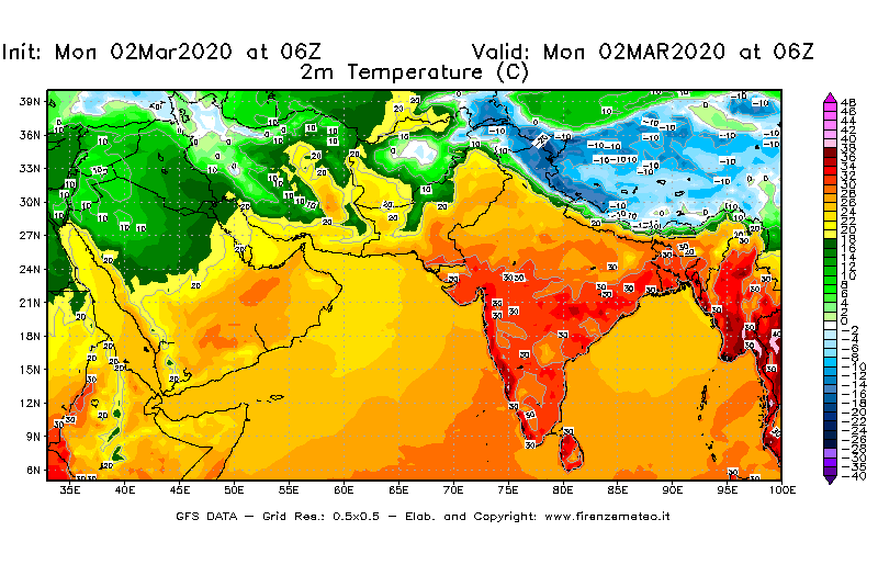 Mappa di analisi GFS - Temperatura a 2 metri dal suolo [°C] in Asia Sud-Occidentale
							del 02/03/2020 06 <!--googleoff: index-->UTC<!--googleon: index-->