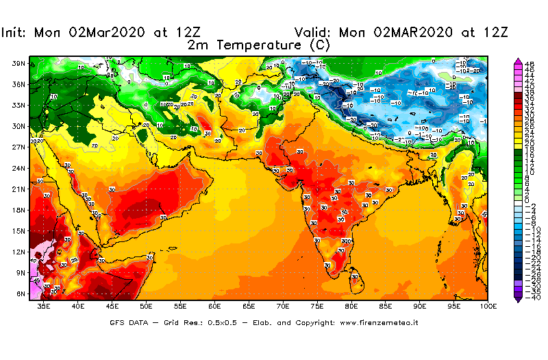 Mappa di analisi GFS - Temperatura a 2 metri dal suolo [°C] in Asia Sud-Occidentale
							del 02/03/2020 12 <!--googleoff: index-->UTC<!--googleon: index-->