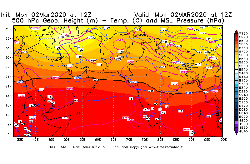 Mappa di analisi GFS - Geopotenziale [m] + Temp. [°C] a 500 hPa + Press. a livello del mare [hPa] in Asia Sud-Occidentale
							del 02/03/2020 12 <!--googleoff: index-->UTC<!--googleon: index-->