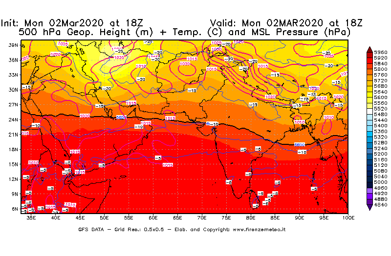Mappa di analisi GFS - Geopotenziale [m] + Temp. [°C] a 500 hPa + Press. a livello del mare [hPa] in Asia Sud-Occidentale
							del 02/03/2020 18 <!--googleoff: index-->UTC<!--googleon: index-->