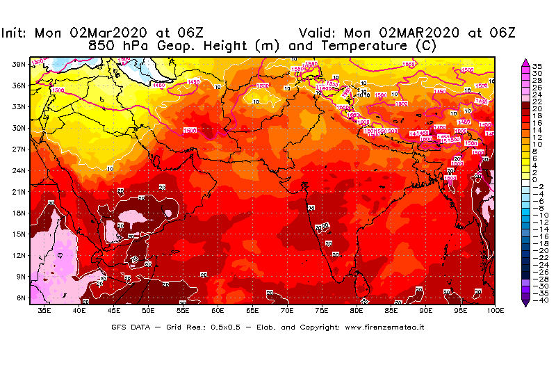 Mappa di analisi GFS - Geopotenziale [m] e Temperatura [°C] a 850 hPa in Asia Sud-Occidentale
							del 02/03/2020 06 <!--googleoff: index-->UTC<!--googleon: index-->