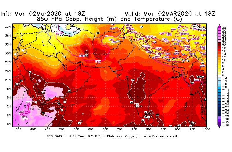 Mappa di analisi GFS - Geopotenziale [m] e Temperatura [°C] a 850 hPa in Asia Sud-Occidentale
							del 02/03/2020 18 <!--googleoff: index-->UTC<!--googleon: index-->