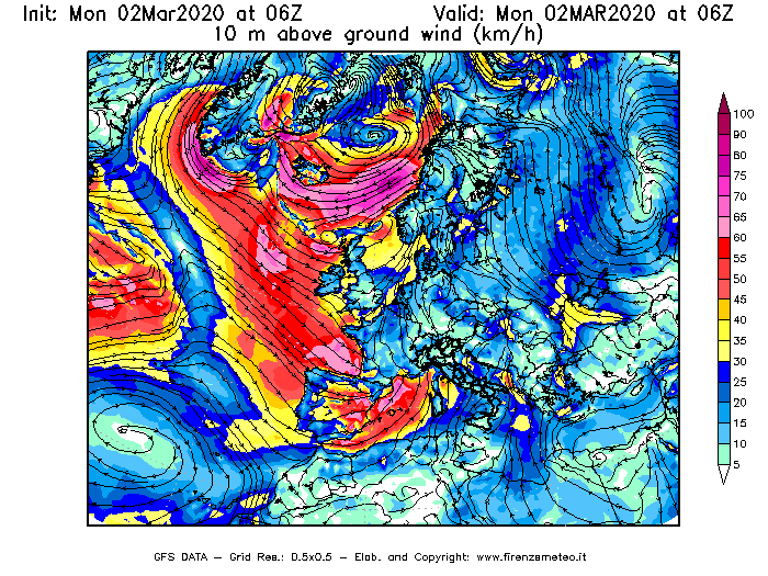 Mappa di analisi GFS - Velocità del vento a 10 metri dal suolo [km/h] in Europa
							del 02/03/2020 06 <!--googleoff: index-->UTC<!--googleon: index-->