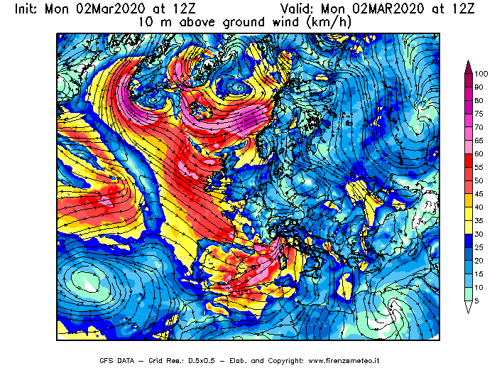 Mappa di analisi GFS - Velocità del vento a 10 metri dal suolo [km/h] in Europa
							del 02/03/2020 12 <!--googleoff: index-->UTC<!--googleon: index-->