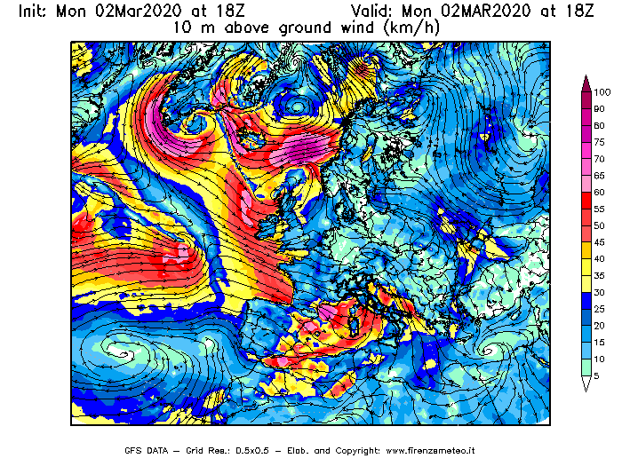 Mappa di analisi GFS - Velocità del vento a 10 metri dal suolo [km/h] in Europa
							del 02/03/2020 18 <!--googleoff: index-->UTC<!--googleon: index-->