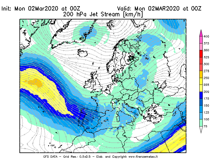 Mappa di analisi GFS - Jet Stream a 200 hPa in Europa
							del 02/03/2020 00 <!--googleoff: index-->UTC<!--googleon: index-->