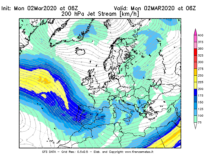 Mappa di analisi GFS - Jet Stream a 200 hPa in Europa
							del 02/03/2020 06 <!--googleoff: index-->UTC<!--googleon: index-->