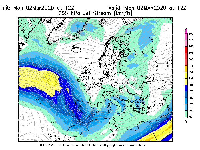 Mappa di analisi GFS - Jet Stream a 200 hPa in Europa
							del 02/03/2020 12 <!--googleoff: index-->UTC<!--googleon: index-->